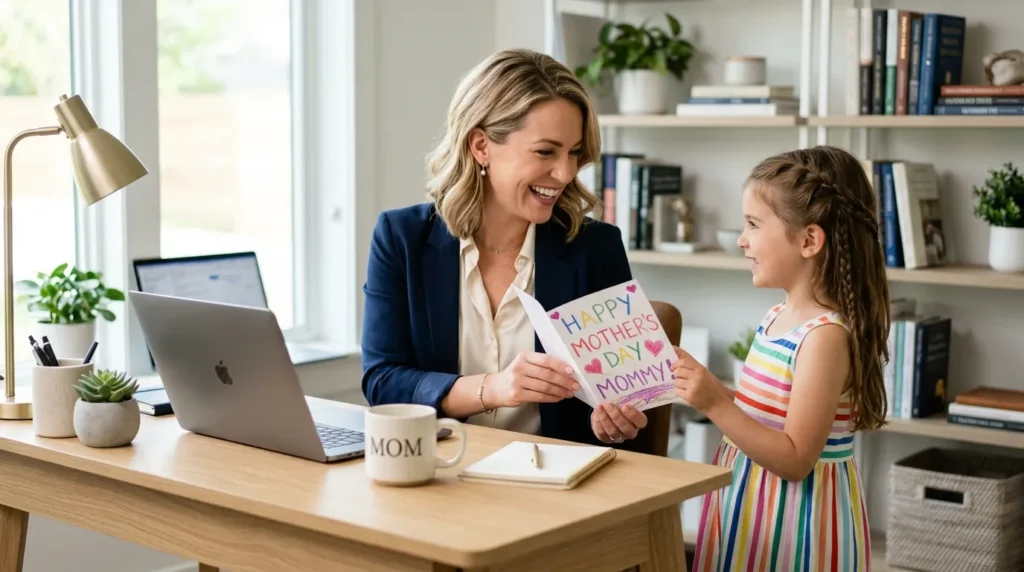 A working mother balancing her career and family life, illustrating work-life balance for moms in 2026.