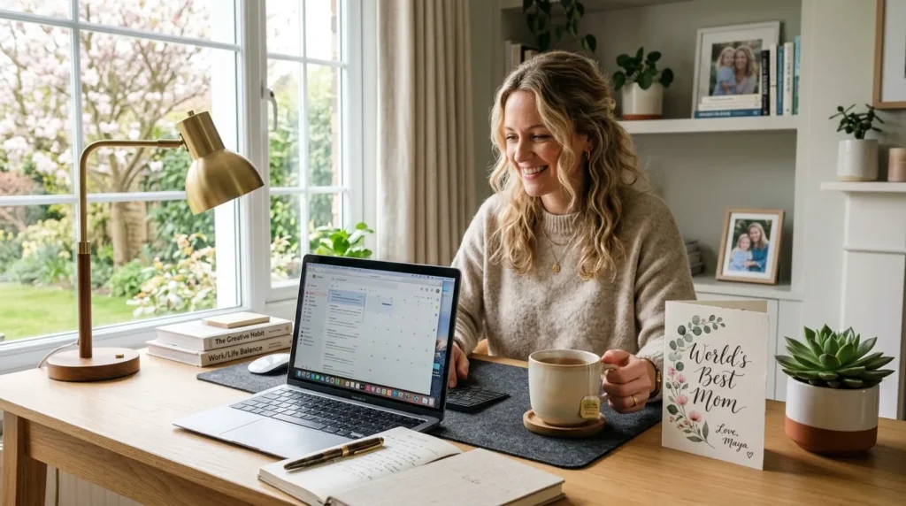 Aesthetic home office setup for a working mother with a Mother's Day card and indoor plants.