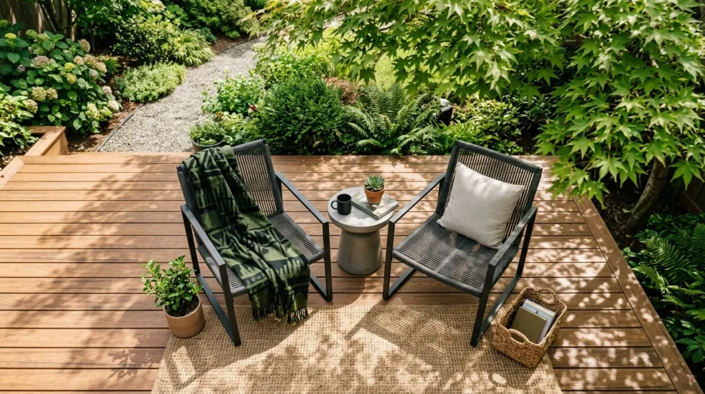 Premium hybrid wood patio decking by opeloak with modern lounge chairs during a sunny summer day.