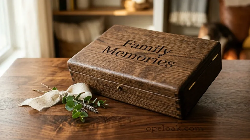 An engraved dark oak wooden keepsake box sitting on a premium wood table by opeloak.