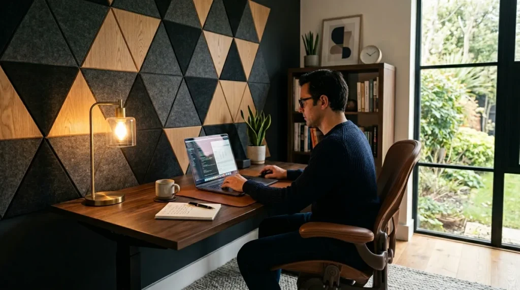 A quiet, organized home office with acoustic panels and ergonomic furniture for mental health.