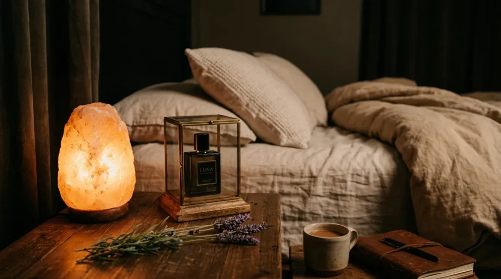 A nightstand with a glowing lamp and lavender, illustrating a luxury hotel scent profile for home.
