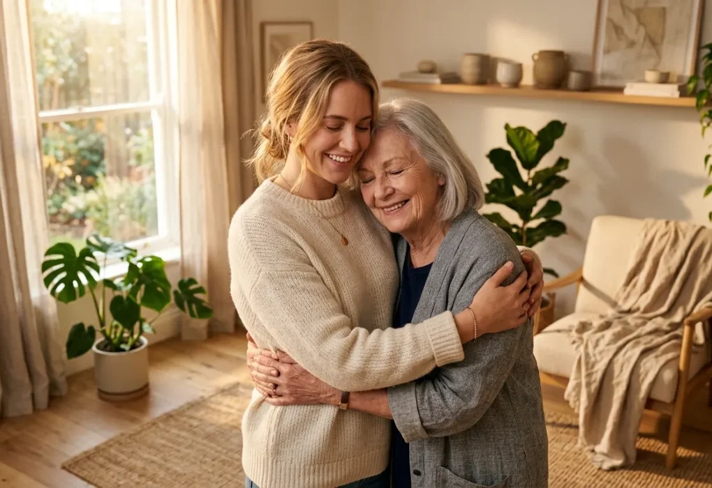 A daughter and mother sharing an intentional hug in a sunlit wellness-focused living room for Mother's Day 2026.
