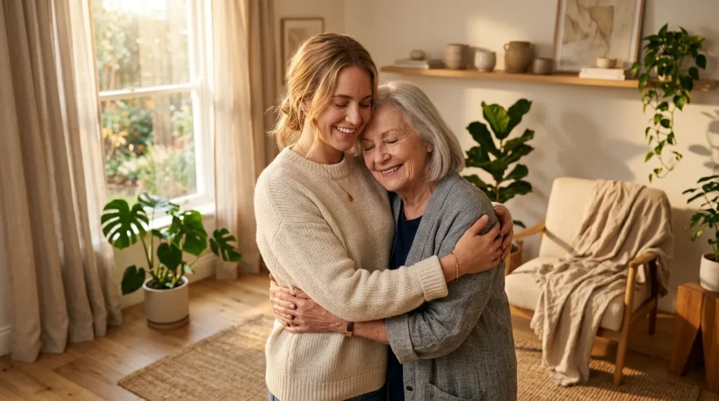 A daughter and mother sharing an intentional hug in a sunlit wellness-focused living room for Mother's Day 2026.
