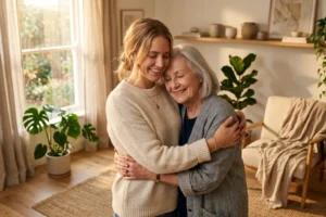 A daughter and mother sharing an intentional hug in a sunlit wellness-focused living room for Mother's Day 2026.