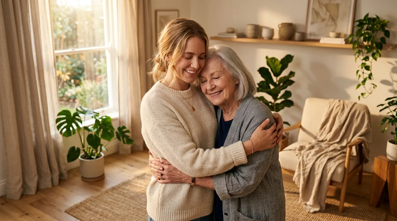 A daughter and mother sharing an intentional hug in a sunlit wellness-focused living room for Mother's Day 2026.