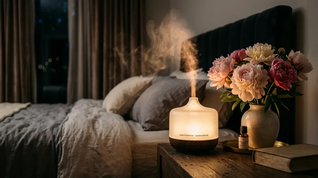 A luxury scent diffuser emitting mist near flowers, highlighting aromatherapy for Mother's Day.