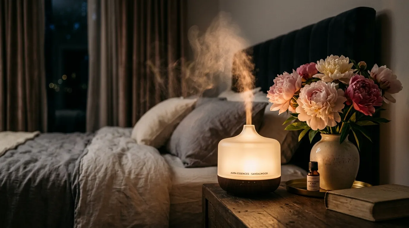 A luxury scent diffuser emitting mist near flowers, highlighting aromatherapy for Mother's Day.