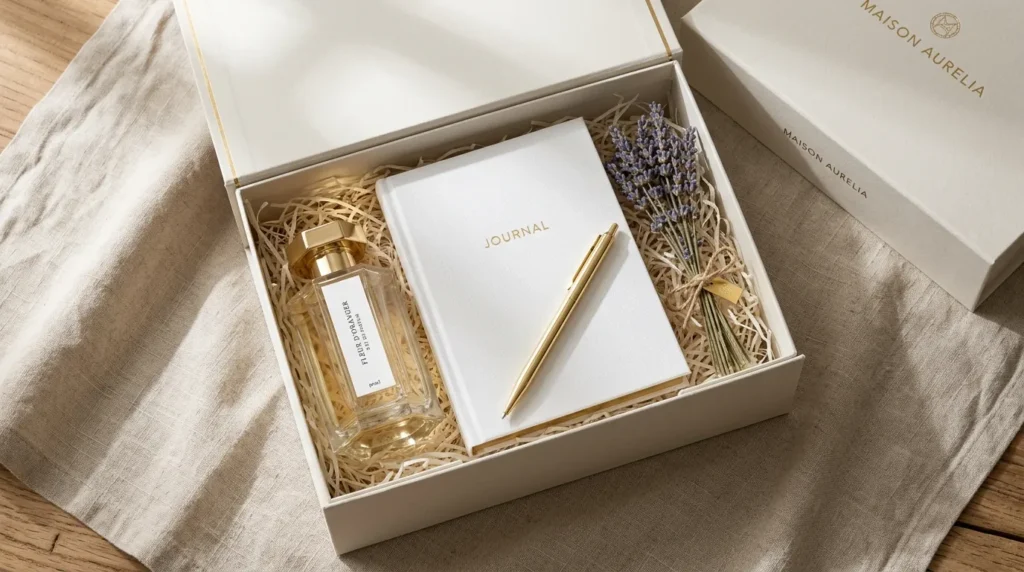 An open gift box with a perfume bottle and journal, representing thoughtful Mother's Day gifts.