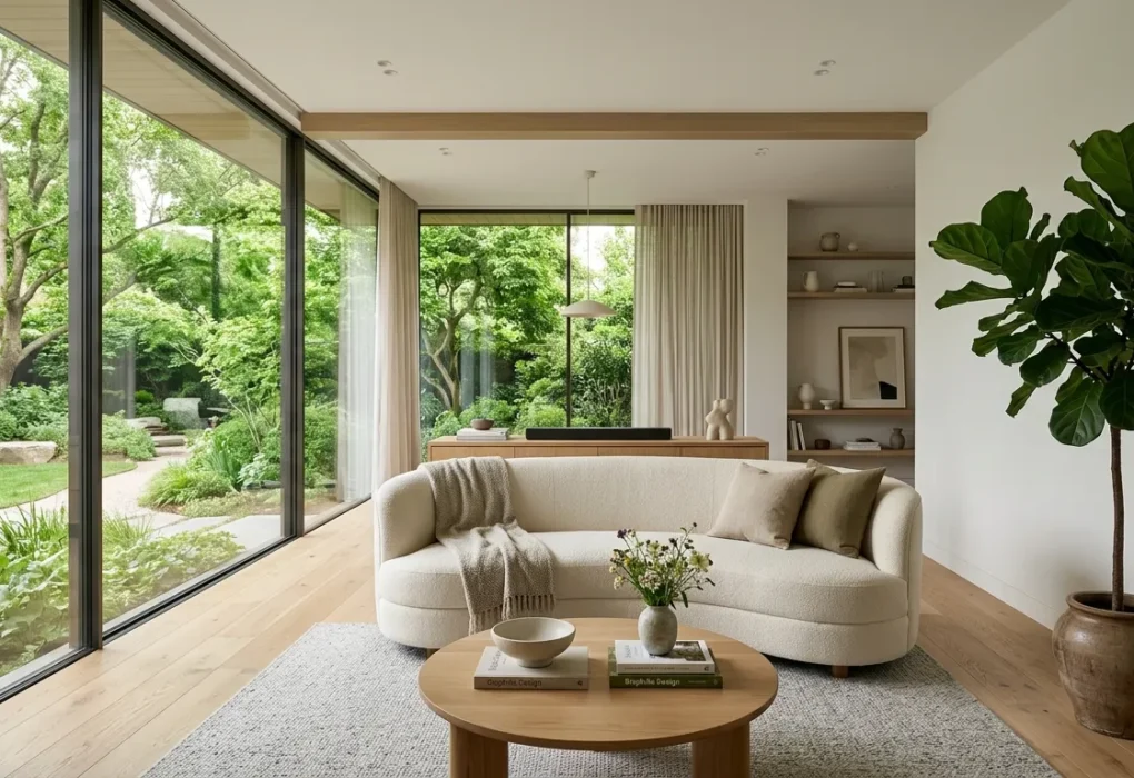 A sunlit minimalist living room with large windows and plants, illustrating 2026 homebuying market trends.