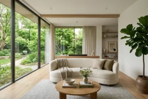 A sunlit minimalist living room with large windows and plants, illustrating 2026 homebuying market trends.