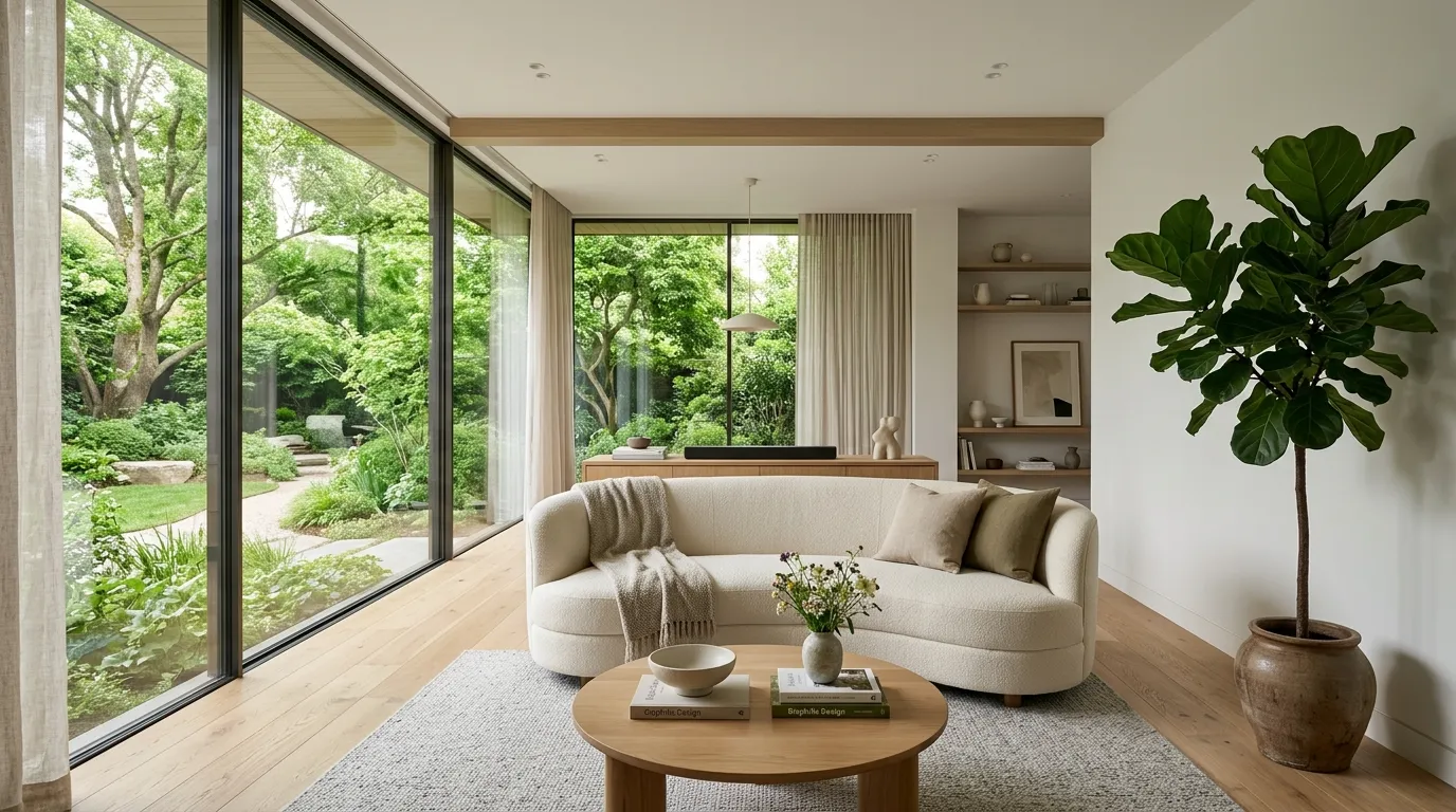 A sunlit minimalist living room with large windows and plants, illustrating 2026 homebuying market trends.