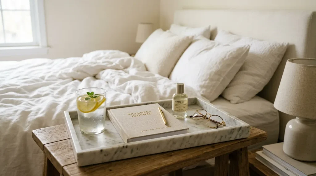 A wellness journal and morning essentials on a marble tray, representing a Mother's Day routine kit.