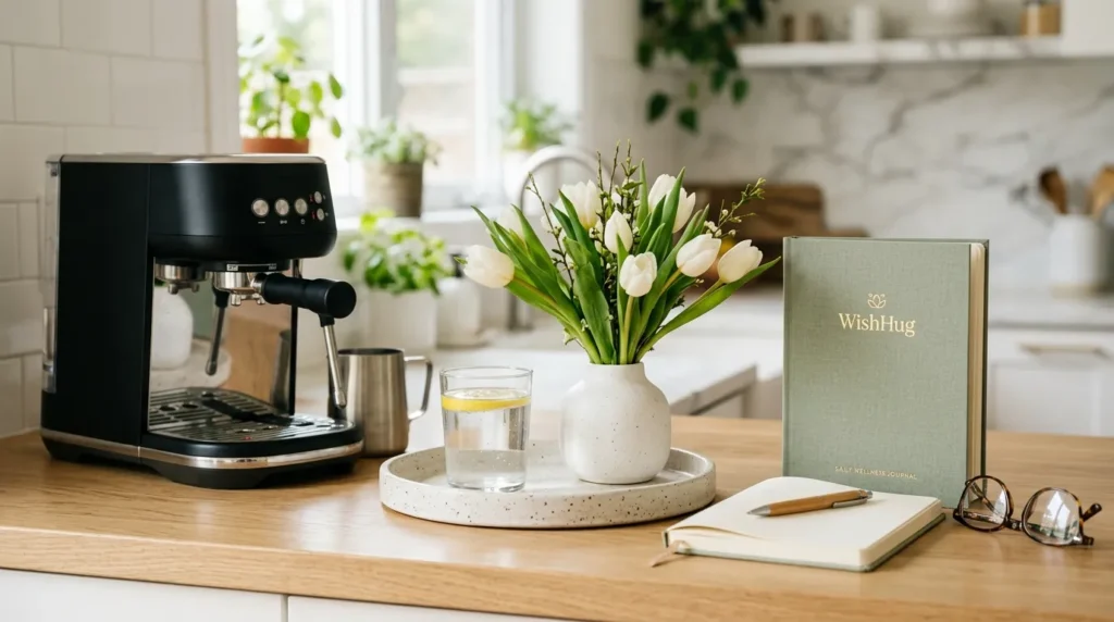 A kitchen counter with a coffee machine, water, and a wellness journal, showing a morning routine setup.