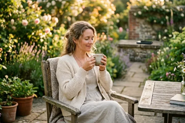 A mother enjoying a peaceful moment without her phone, symbolizing a digital detox gift.