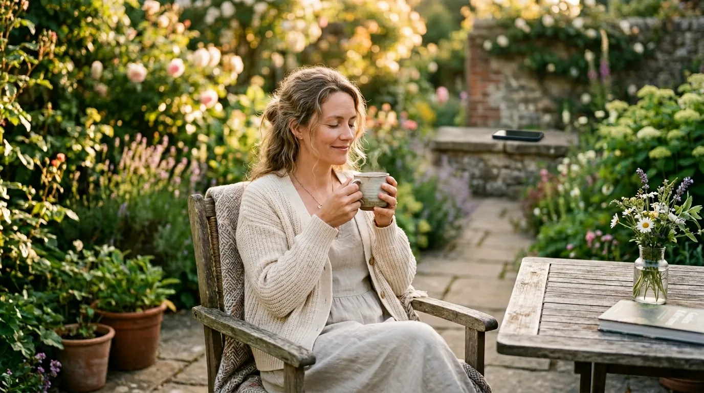 A mother enjoying a peaceful moment without her phone, symbolizing a digital detox gift.