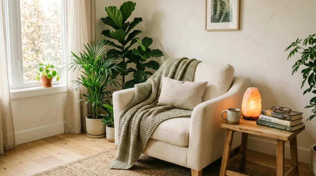 A cozy reading nook with a weighted blanket and plants, perfect for a Mother's Day home retreat.
