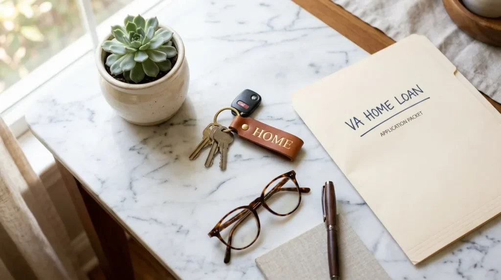 House keys and VA loan documents on a marble table, representing stable homebuying options.